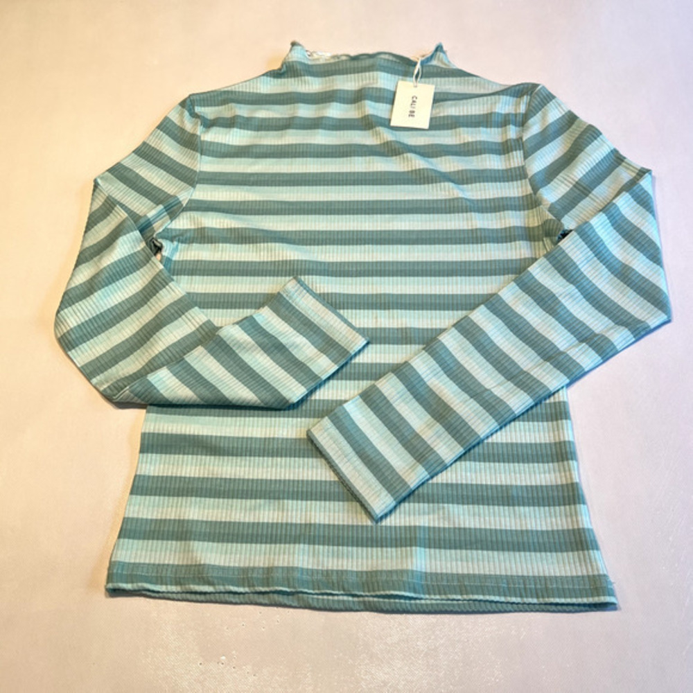 CALI BE‎ Womens Top Size L Striped Long Sleeve Mock Neck Lettuce Edge Green Blue